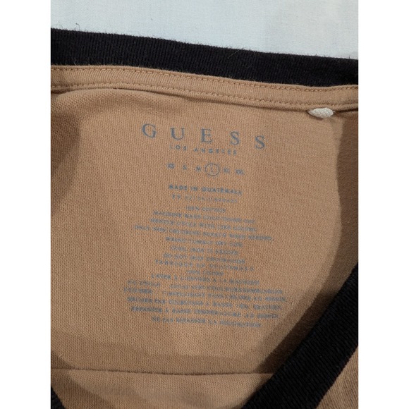 Guess Los Angeles Ringer T-Shirt Tan Brown Black Logo Mens Large Cotton Tee - Picture 3 of 8